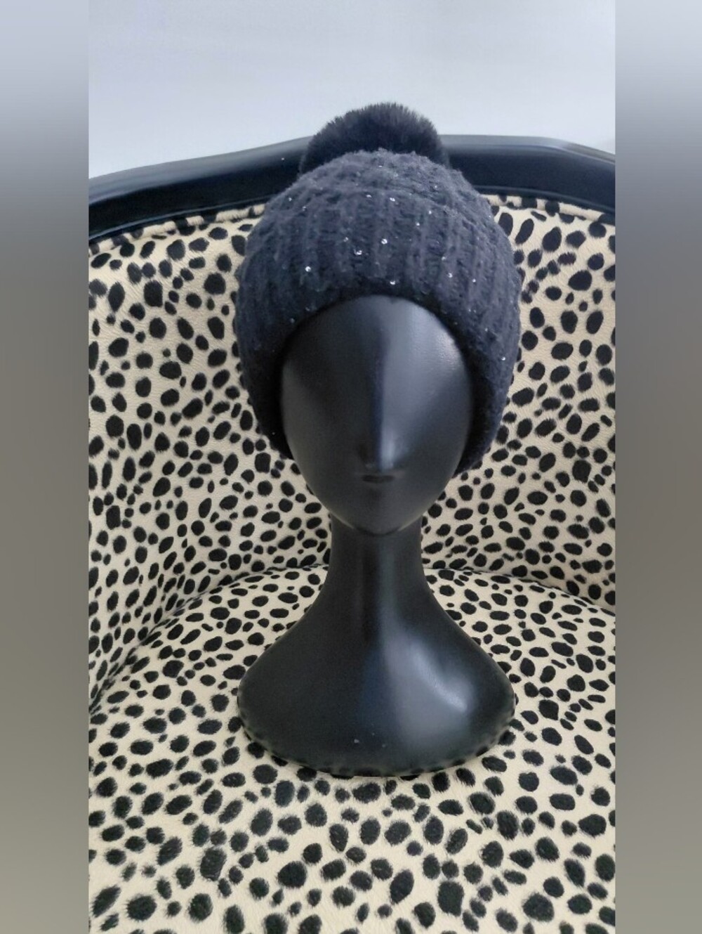 Black Pom-Pom Knit Beanie with Subtle Sparkle - Women